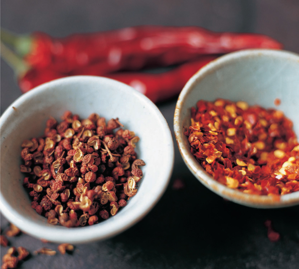 Sichuan Peppercorns (L) and Dried Red Chile (R)