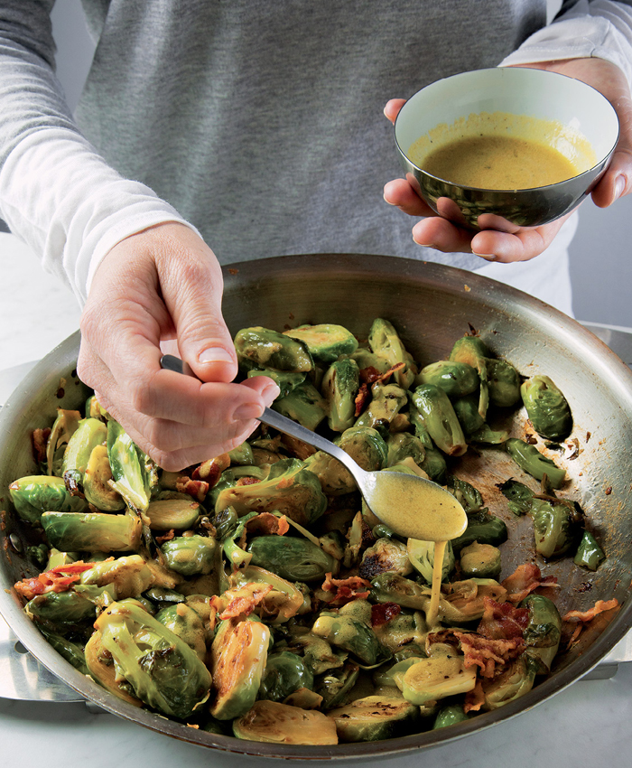 Warm Brussels Sprouts with Bacon and Mustard Vinaigrette
